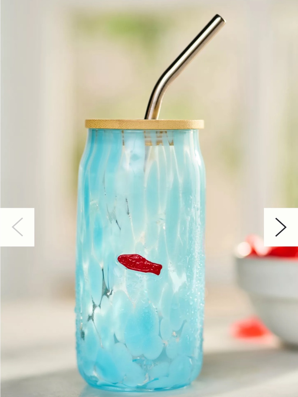 Anthropology Blue Textured Glass Tumbler with Red Swedish Fish